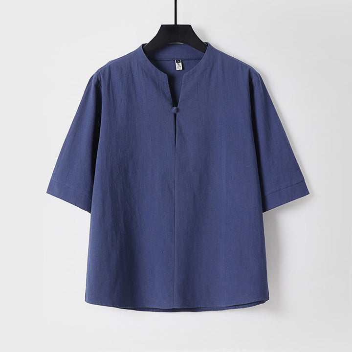 Chemise homme en coton et lin à manches trois-quarts et un bouton avec Buddha Stones - Bleu foncé - US/UK/AU54，EU64 (9XL) - image 4