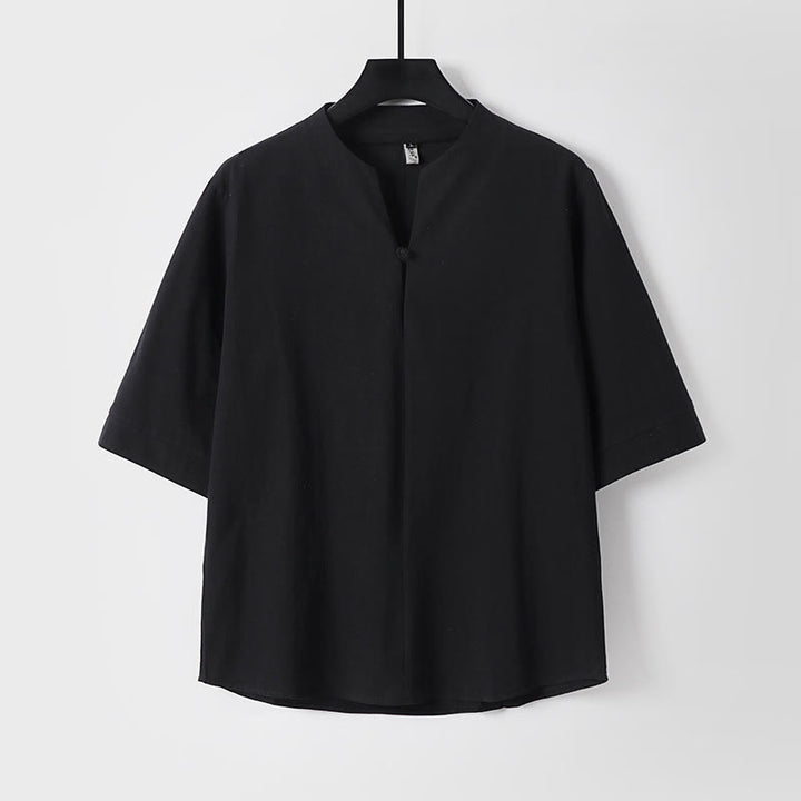 Chemise homme en coton et lin à manches trois-quarts et un bouton avec Buddha Stones - Noir - US/UK/AU54，EU64 (9XL) - image 0