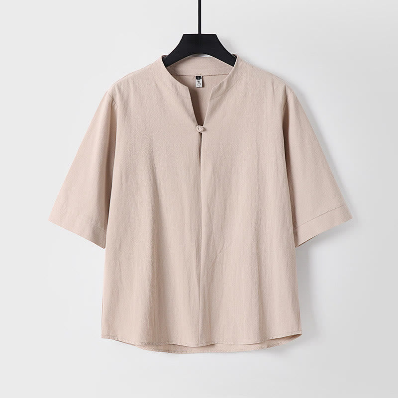 Chemise homme en coton et lin, unie, manches trois-quarts, un bouton, motif Buddha Stones - Blé - US/UK/AU54，EU64 (9XL) - image 3