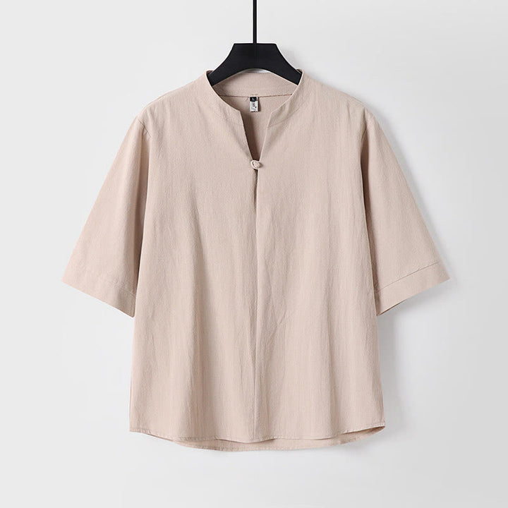 Chemise homme en coton et lin, unie, manches trois-quarts, un bouton, motif Buddha Stones - Blé - US/UK/AU54，EU64 (9XL) - image 3