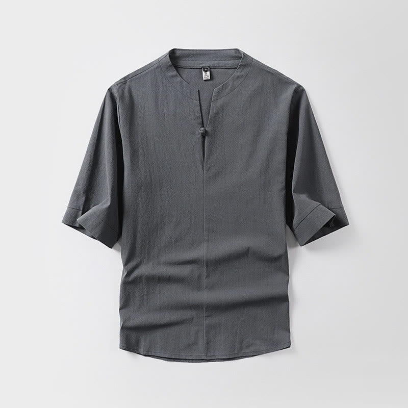 Chemise décontractée en coton et lin pour homme, couleur unie, à un bouton, manches trois-quarts, motif Buddha Stones - Gris - US/UK/AU54，EU64 (9XL) - image 0