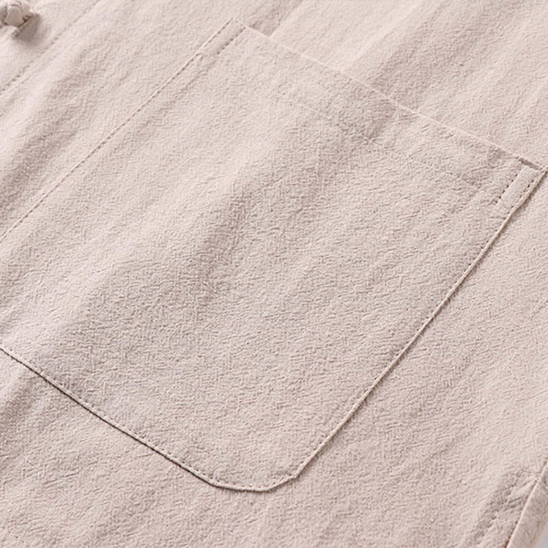 Chemise décontractée en coton et lin à manches trois-quarts et boutons sur le devant pour homme avec poches et motif Buddha Stones