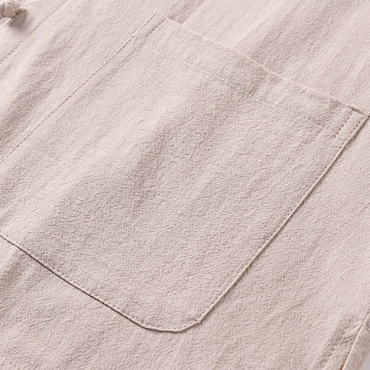 Chemise décontractée en coton et lin à manches trois-quarts et boutons sur le devant pour homme avec poches et motif Buddha Stones