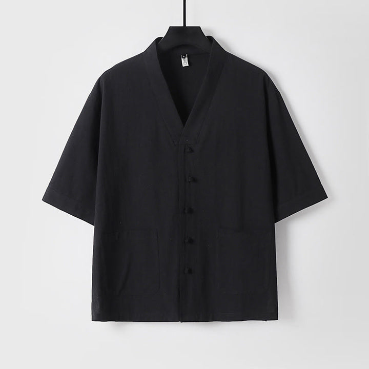 Chemise décontractée en coton et lin à manches trois-quarts et boutons sur le devant pour homme avec poches et motif Buddha Stones