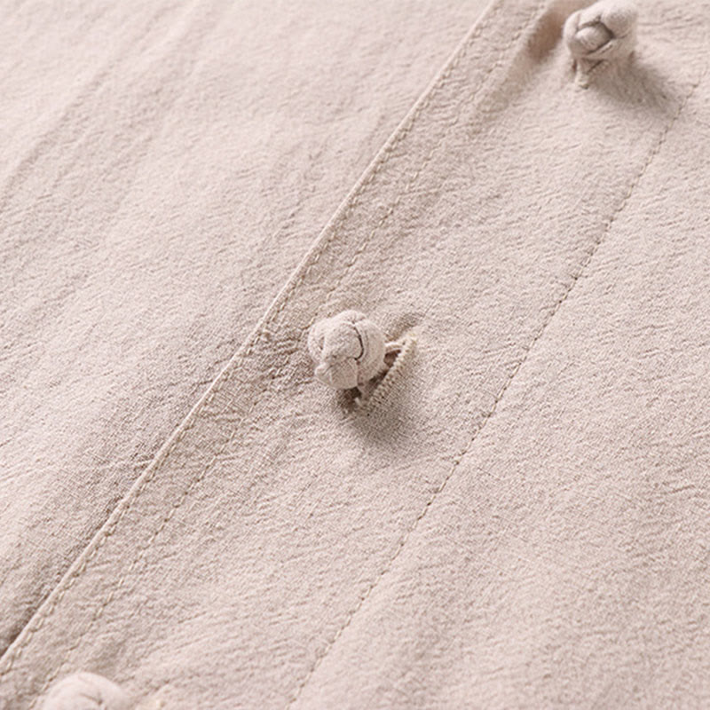 Chemise décontractée en coton et lin à manches trois-quarts et boutons sur le devant pour homme avec poches et motif Buddha Stones