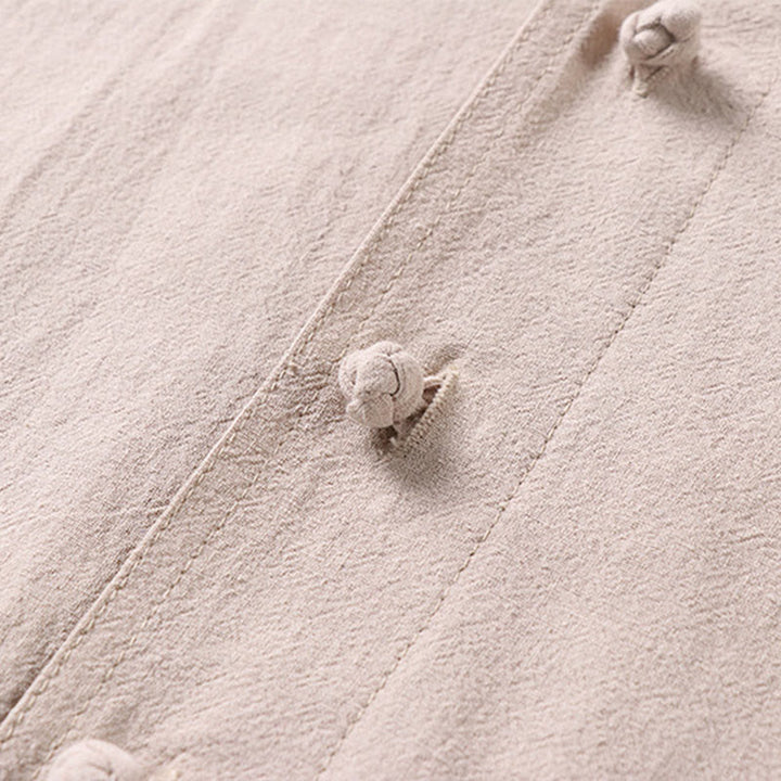 Chemise décontractée en coton et lin à manches trois-quarts et boutons sur le devant pour homme avec poches et motif Buddha Stones