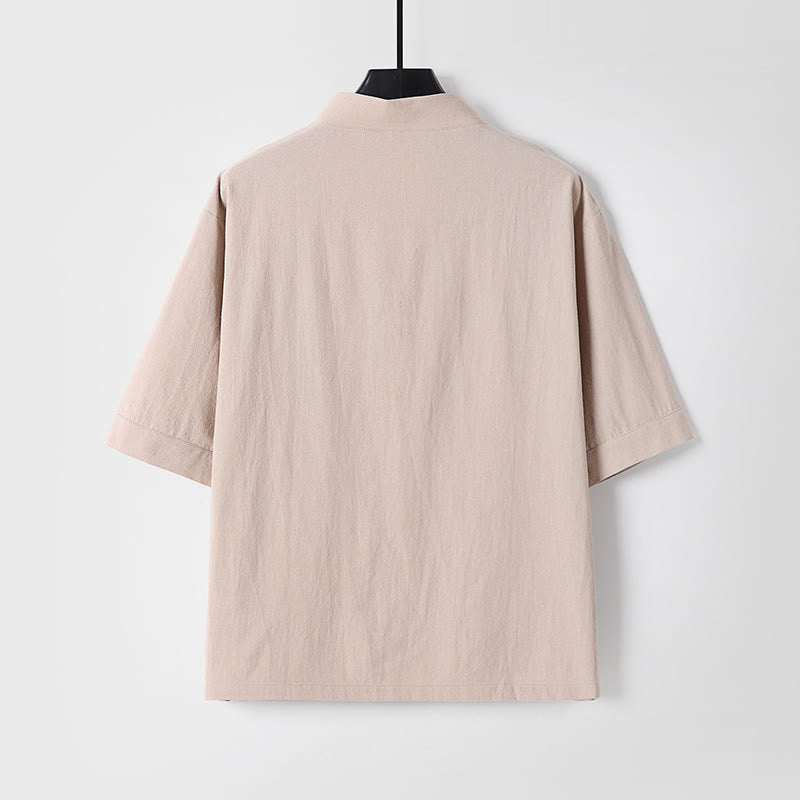 Chemise décontractée en coton et lin à manches trois-quarts et boutons sur le devant pour homme avec poches et motif Buddha Stones