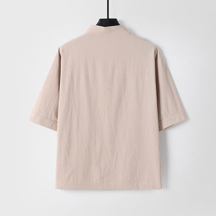 Chemise décontractée en coton et lin à manches trois-quarts et boutons sur le devant pour homme avec poches et motif Buddha Stones