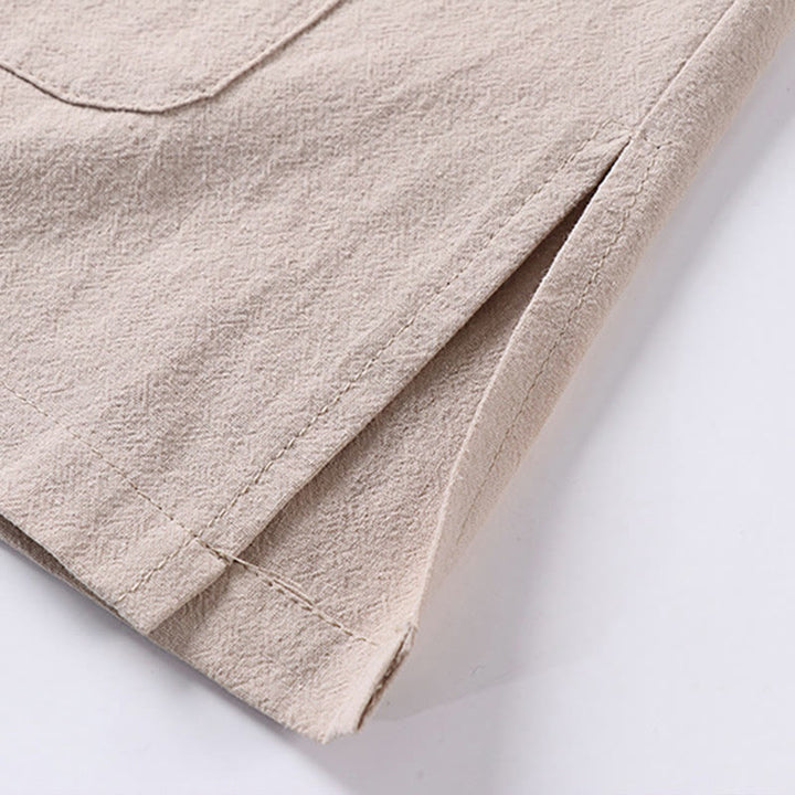 Chemise décontractée en coton et lin à manches trois-quarts et boutons sur le devant pour homme avec poches et motif Buddha Stones