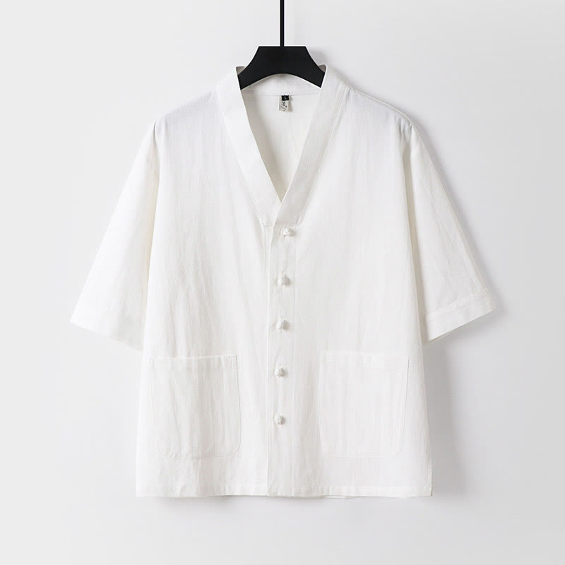 Chemise décontractée en coton et lin à manches trois-quarts et boutons sur le devant pour homme avec poches et motif Buddha Stones