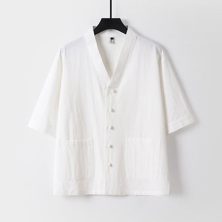 Chemise décontractée en coton et lin à manches trois-quarts et boutons sur le devant pour homme avec poches et motif Buddha Stones