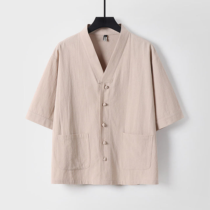 Chemise décontractée en coton et lin à manches trois-quarts et boutons sur le devant pour homme avec poches et motif Buddha Stones - Blé - US/UK/AU54，EU64 (9XL) - image 0