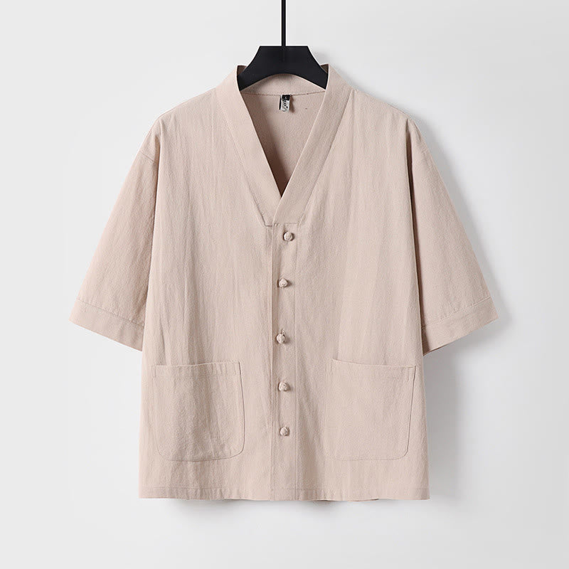 Chemise décontractée en coton et lin à manches trois-quarts et boutons sur le devant pour homme avec poches et motif Buddha Stones - Blé - US/UK/AU54，EU64 (9XL) - image 0