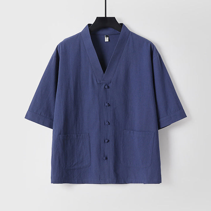 Chemise décontractée en coton et lin à manches trois-quarts et boutons sur le devant pour homme avec poches et motif Buddha Stones