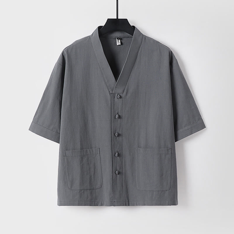 Chemise décontractée en coton et lin à manches trois-quarts et boutons sur le devant pour homme avec poches et motif Buddha Stones
