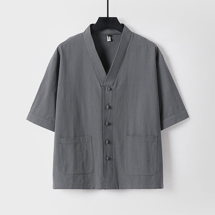 Chemise décontractée en coton et lin à manches trois-quarts et boutons sur le devant pour homme avec poches et motif Buddha Stones