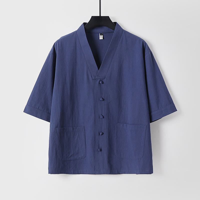 Chemise décontractée en coton et lin à manches trois-quarts et boutons sur le devant pour homme avec poches et motif Buddha Stones - Bleu foncé - US/UK/AU54，EU64 (9XL) - image 12