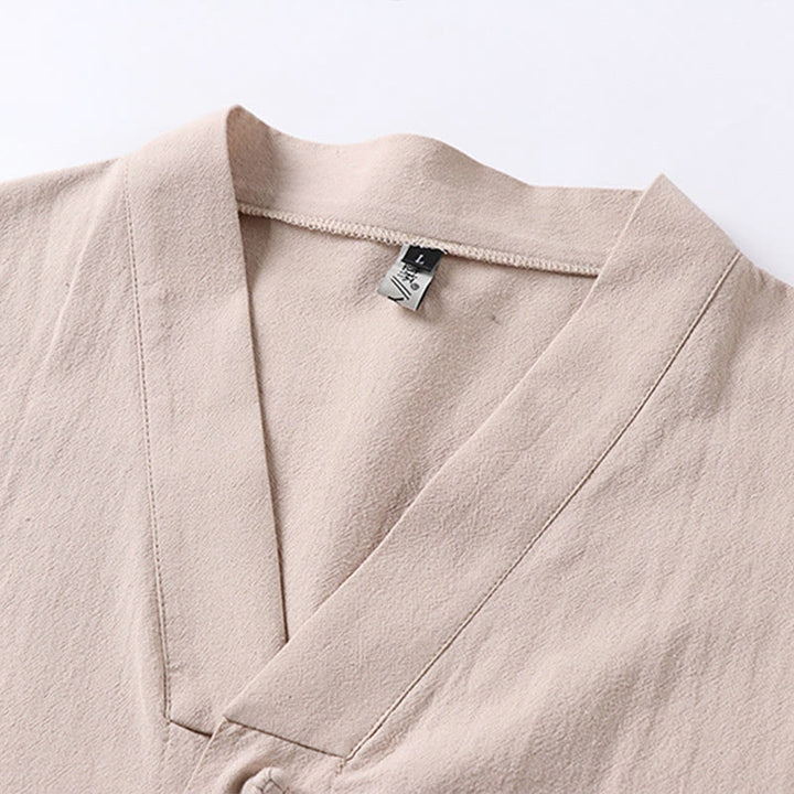 Chemise décontractée en coton et lin à manches trois-quarts et boutons sur le devant pour homme avec poches et motif Buddha Stones