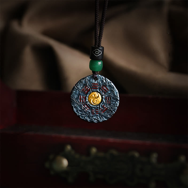 Collier pendentif en argent sterling 999 et or 24 carats avec Buddha Stones , Bagua, Tai Chi, Yin Yang, design, fantômes des montagnes, dépenser de l'argent, harmonie - Chaîne en argent sterling 999 et corde de coton - image 0