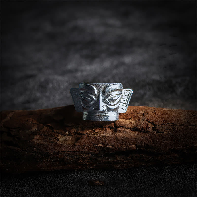 Bague de protection du masque Sanxingdui en argent sterling 999 moulée à la main avec Buddha Stones - Argent sterling 999 - US10 - image 0