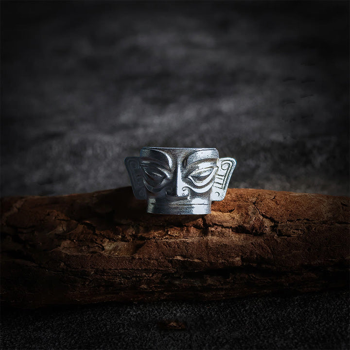 Bague de protection du masque Sanxingdui en argent sterling 999 moulée à la main avec Buddha Stones - Argent sterling 999 - US10 - image 0