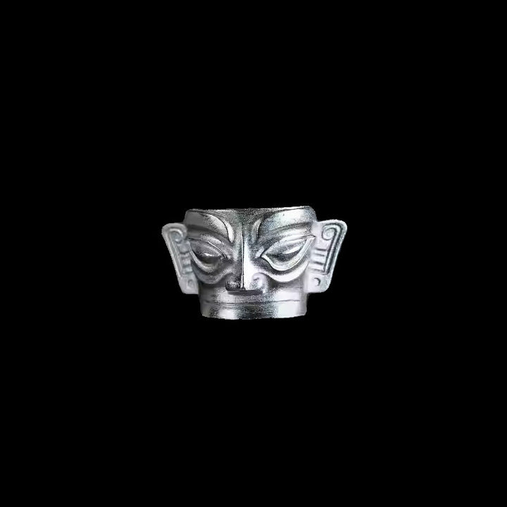 Bague de protection du masque Sanxingdui en argent sterling 999 moulée à la main avec Buddha Stones - image 10
