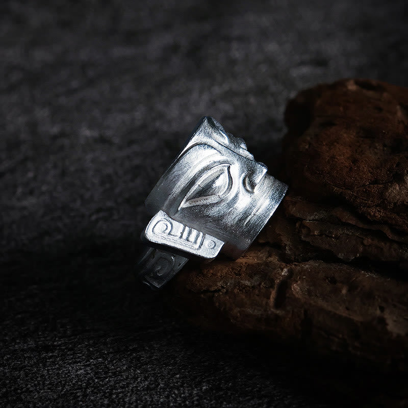 Bague de protection du masque Sanxingdui en argent sterling 999 moulée à la main avec Buddha Stones - image 2