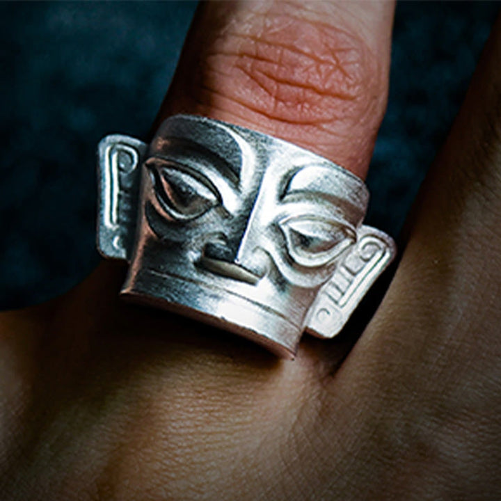 Bague de protection du masque Sanxingdui en argent sterling 999 moulée à la main avec Buddha Stones - image 12