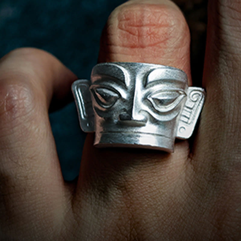 Bague de protection du masque Sanxingdui en argent sterling 999 moulée à la main avec Buddha Stones - image 11