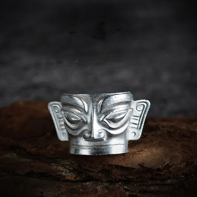Bague de protection du masque Sanxingdui en argent sterling 999 moulée à la main avec Buddha Stones - image 8
