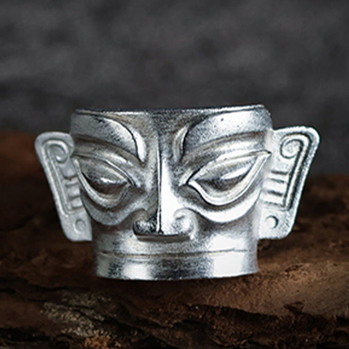 Bague de protection du masque Sanxingdui en argent sterling 999 moulée à la main avec Buddha Stones - image 1