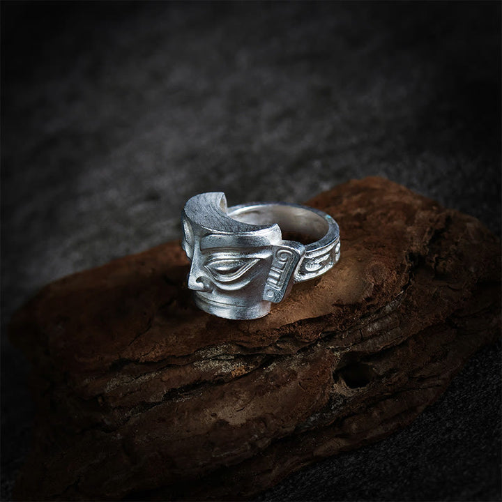 Bague de protection du masque Sanxingdui en argent sterling 999 moulée à la main avec Buddha Stones - image 3