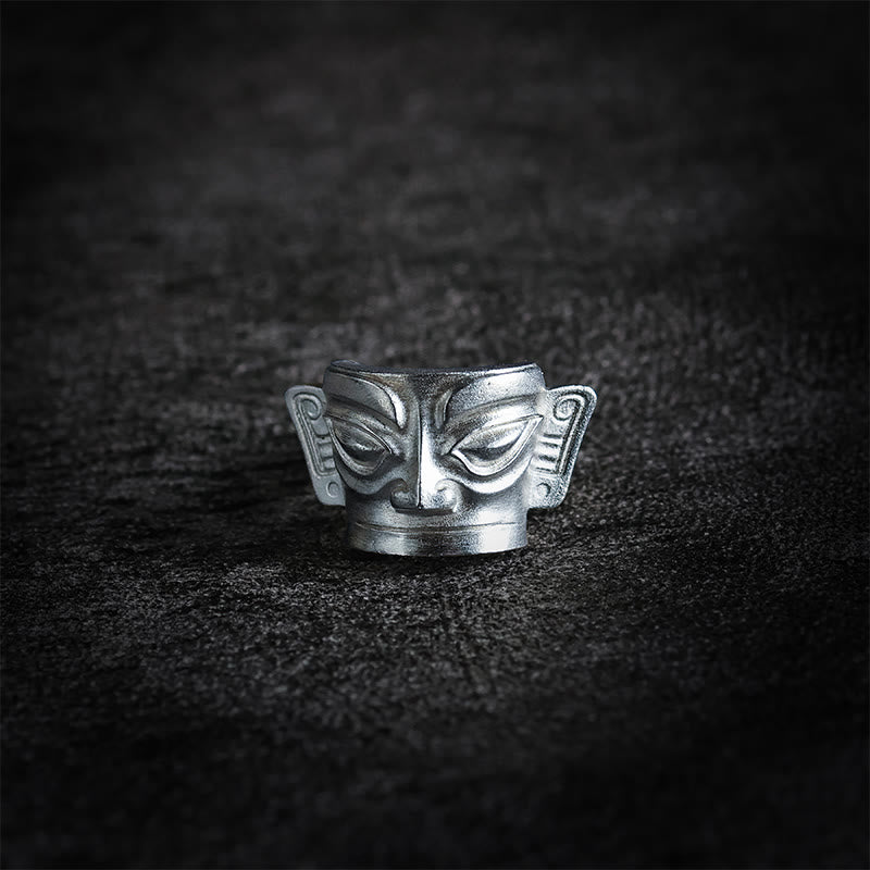Bague de protection du masque Sanxingdui en argent sterling 999 moulée à la main avec Buddha Stones - image 9