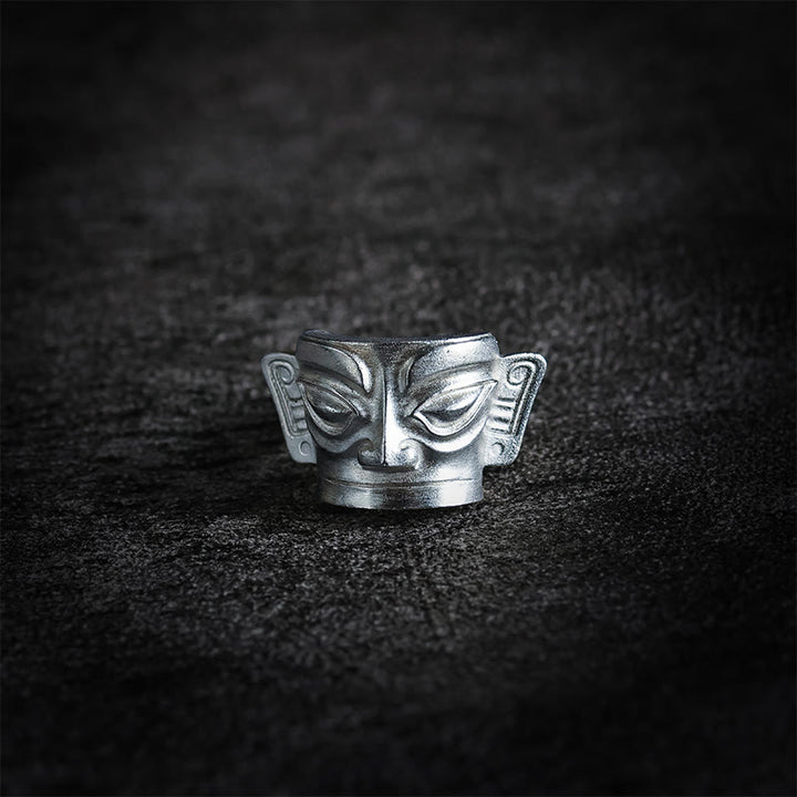 Bague de protection du masque Sanxingdui en argent sterling 999 moulée à la main avec Buddha Stones - image 9