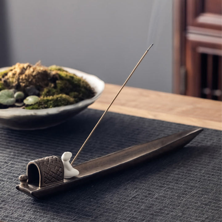 Brûleur d'encens en céramique marron Buddha Stones Fisherman Zen Healing - image 3