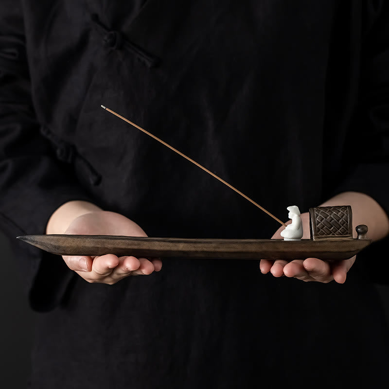 Brûleur d'encens en céramique marron Buddha Stones Fisherman Zen Healing - image 4