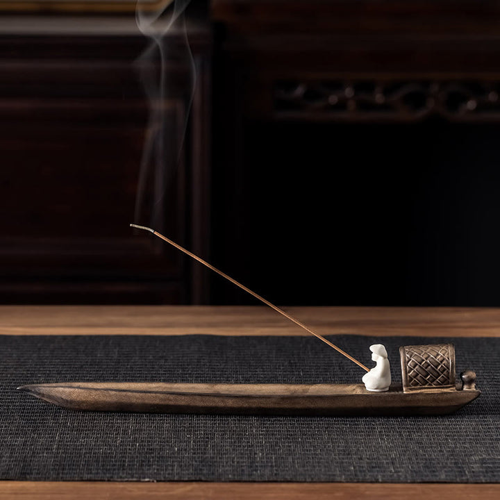 Brûleur d'encens en céramique marron Buddha Stones Fisherman Zen Healing - 30,5 x 3,5 x 4,2 cm - image 0