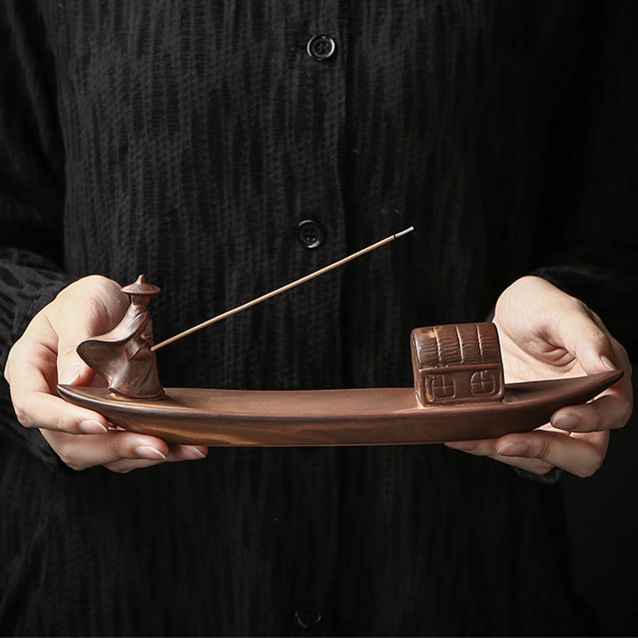 Buddha Stones Pêcheur Bateau de pêche Bambou Main de Bouddha Lotus Guérison spirituelle Bâton en céramique Brûleur d'encens Décoration - image 1
