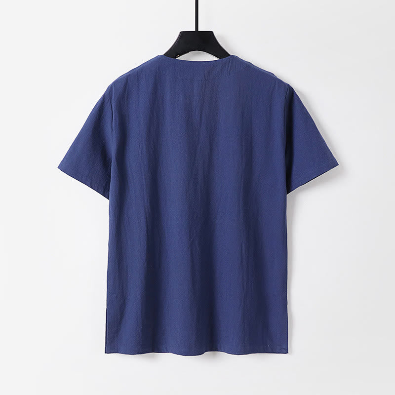 Chemise décontractée à manches courtes et un bouton en coton et lin pour homme avec Buddha Stones