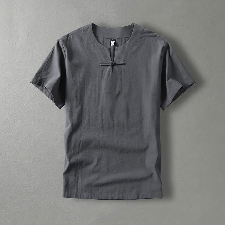 Chemise décontractée à manches courtes et un bouton en coton et lin pour homme avec Buddha Stones