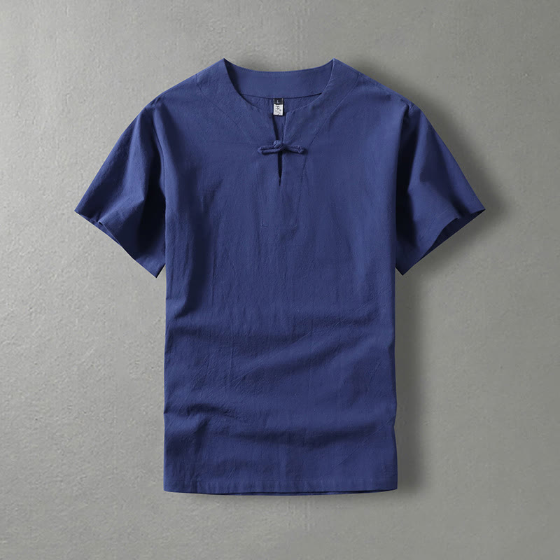 Chemise décontractée à manches courtes et un bouton en coton et lin pour homme avec Buddha Stones - Bleu foncé - US/UK/AU54，EU64 (9XL) - image 3
