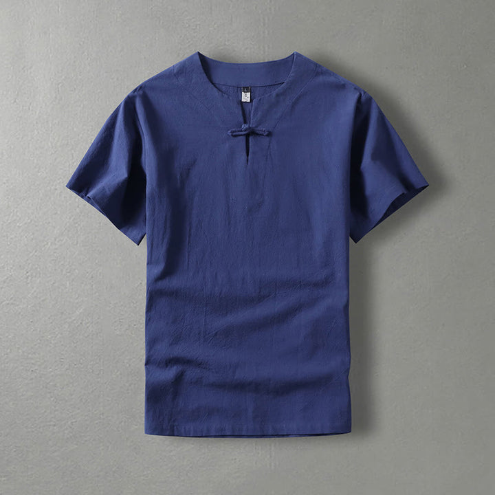 Chemise décontractée à manches courtes et un bouton en coton et lin pour homme avec Buddha Stones