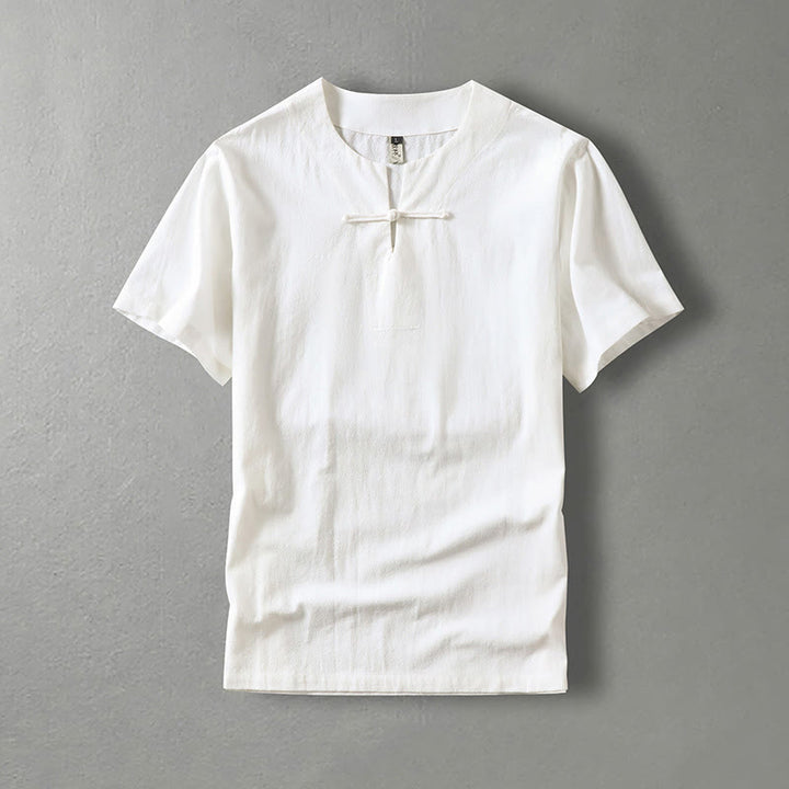 Chemise décontractée à manches courtes et un bouton en coton et lin pour homme avec Buddha Stones