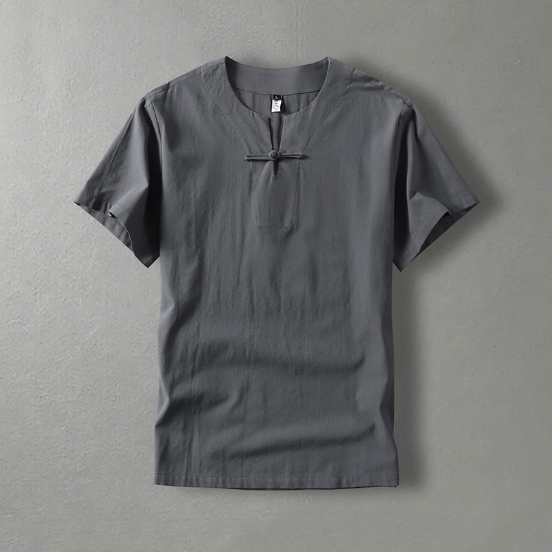 Chemise décontractée à manches courtes et un bouton en coton et lin pour homme avec Buddha Stones - Gris - US/UK/AU54，EU64 (9XL) - image 0