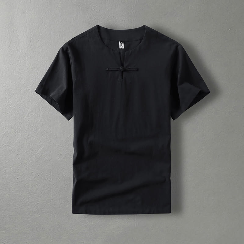 Chemise décontractée à manches courtes et un bouton en coton et lin pour homme avec Buddha Stones
