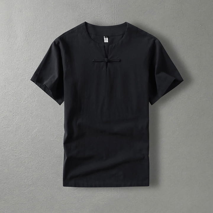 Chemise décontractée à manches courtes et un bouton en coton et lin pour homme avec Buddha Stones