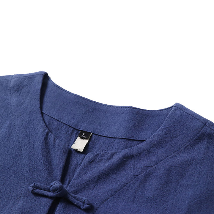 Chemise décontractée à manches courtes et un bouton en coton et lin pour homme avec Buddha Stones
