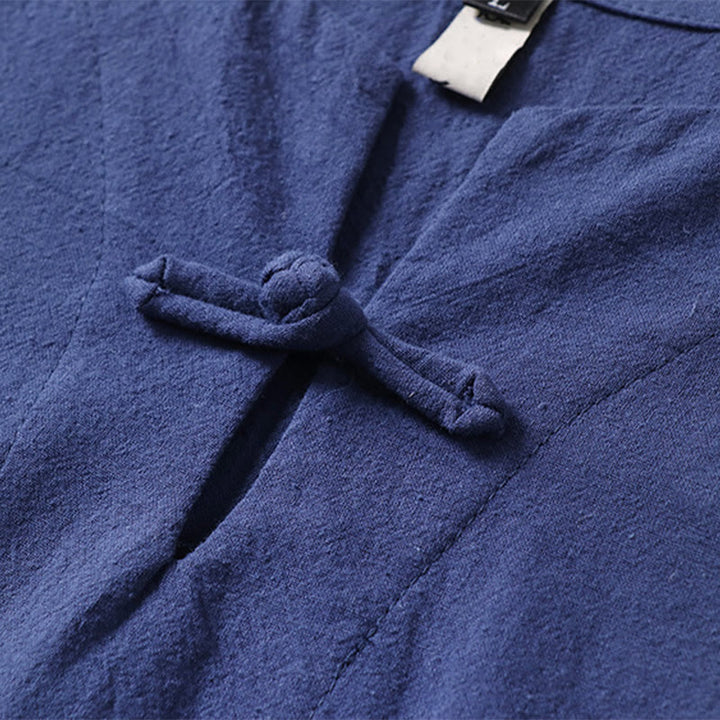 Chemise décontractée à manches courtes et un bouton en coton et lin pour homme avec Buddha Stones