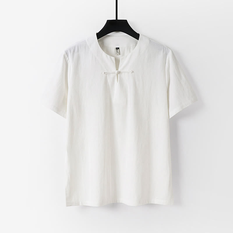 Chemise homme en coton et lin à manches courtes et un bouton grenouille Buddha Stones de couleur unie