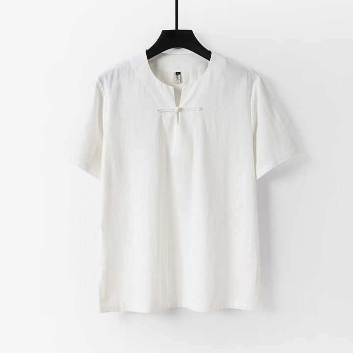 Chemise homme en coton et lin à manches courtes et un bouton grenouille Buddha Stones de couleur unie